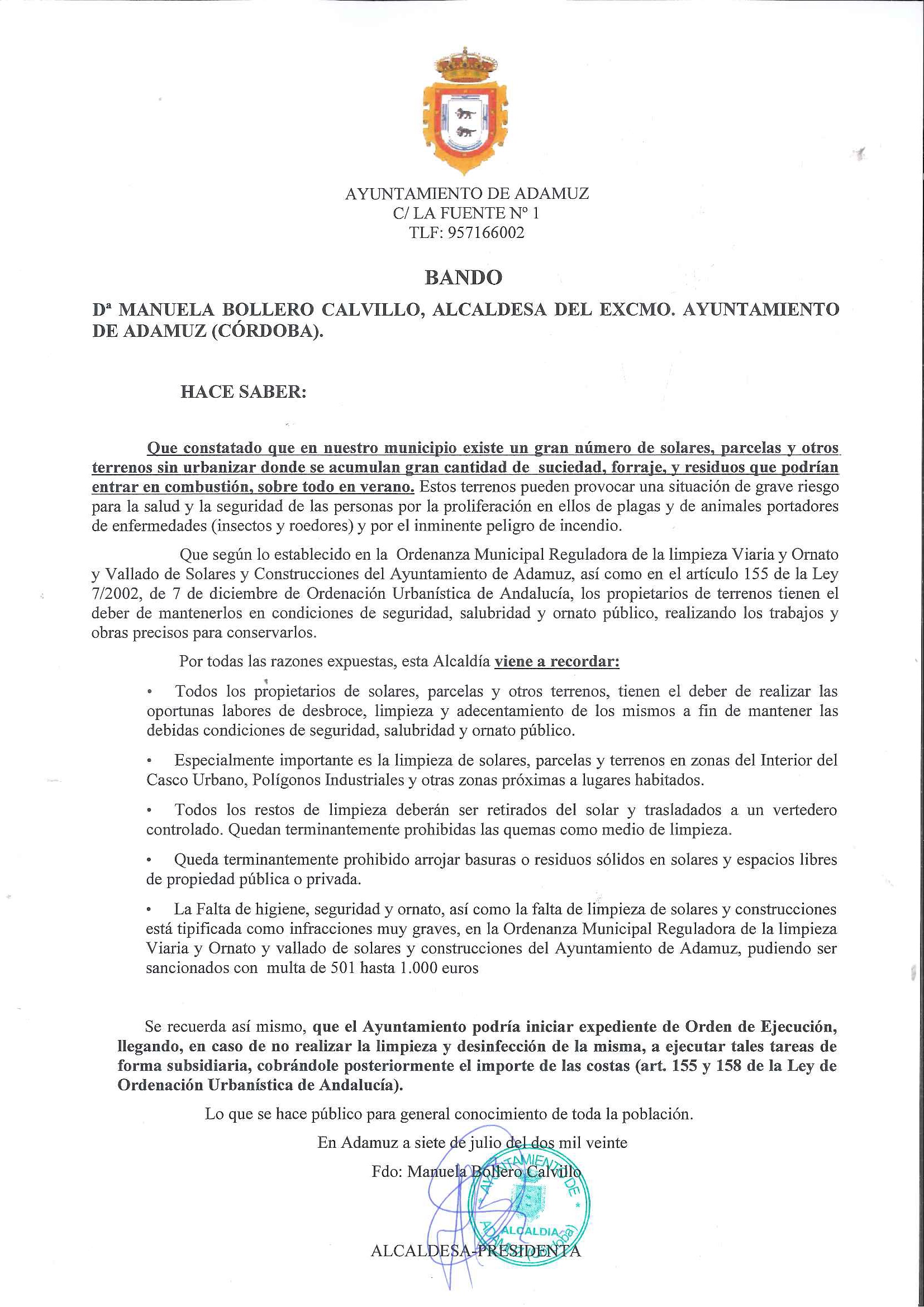 BANDO LIMPIEZA TERRENOS SOLARES Y PARCELAS Ayuntamiento De Adamuz