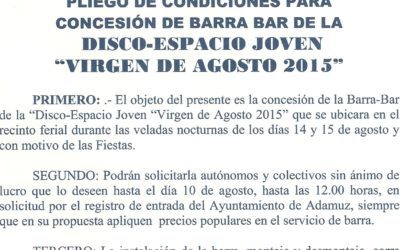 CONDICIONES PARA LA CONCESIÓN DE BARRA BAR DE LA DISCO-ESPACIO JOVEN “VIRGEN DE AGOSTO 2015”