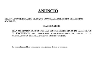 LISTA DEFINITIVA DEL PROGRAMA EXTRAORDINARIO DE AYUDA A LA CONTRATACIÓN 2016