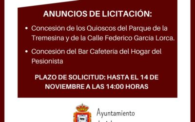 Licitación de los quioscos del Parque de la Tremesina y la Calle Federico García Lorca y del Bar Cafetería del Hogar del pensionista